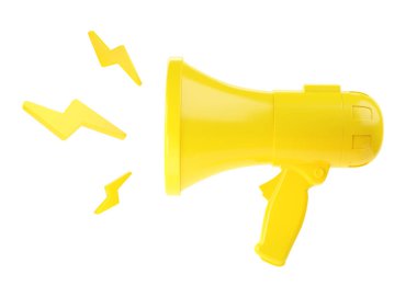 El hoparlörü 3D yorumlayıcı - insanlar hoparlör, mikrofon ve ses illüstrasyonuyla iletişim reklamı kiralıyor. Beyaz arka planda izole edilmiş yüksek sesli megafon simgesi konsepti