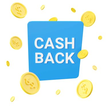 Nakit 3D resimleme ve para iade ikonu sunar. İndirimli kart etiketi. Bayrağı iade et, rozet tasarımını iade et ve mavi arkaplanda izole edilmiş dolar işaretini kaydet