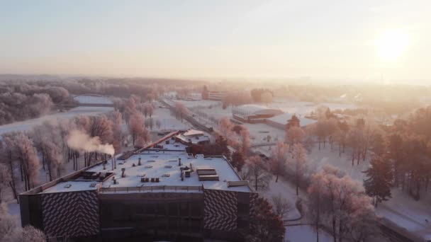 Αεροφωτογραφία της πόλης Adazi, του ποταμού Gauja, παγωμένα δέντρα και γέφυρα πάνω του κατά τη διάρκεια της ανατολής του ηλίου. Χειμερινή περίοδος. Λεττονία — Αρχείο Βίντεο