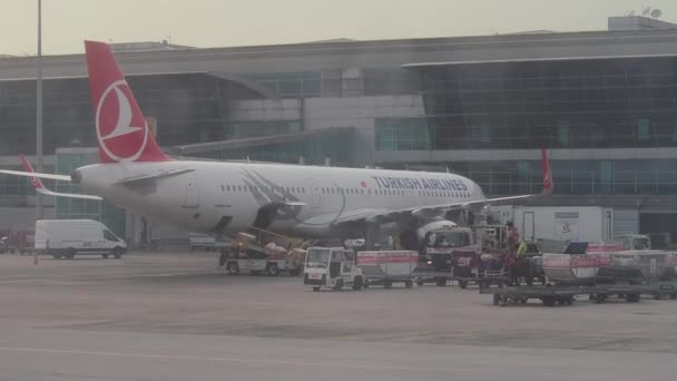 Istambul, Turquia - 20 de setembro de 2018: Aeroporto Ataturk Havalimani, Operação de carga no aeroporto. Aeronaves aguardando carga para o bordo. — Vídeo de Stock