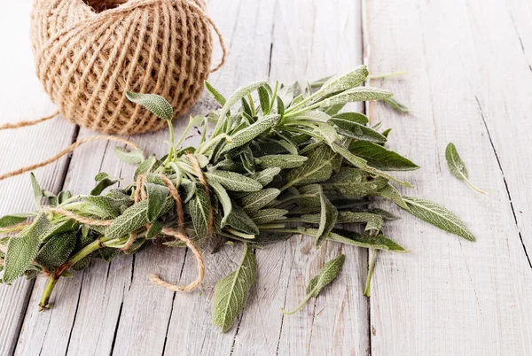 Bunch of fresh organic sage on wooden table — Stock Photo, Image