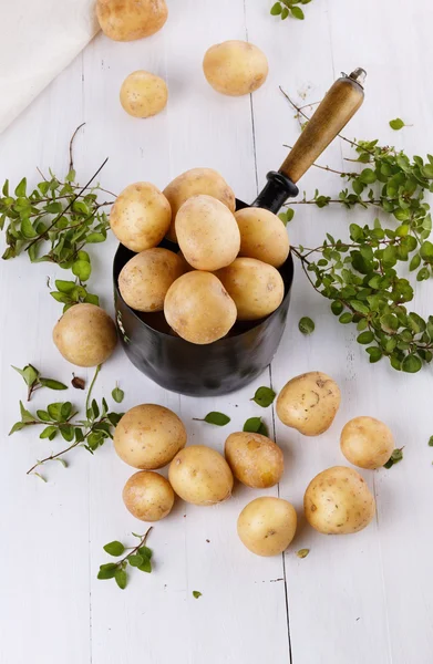 Fresh organic potatoes and thyme in vintage metal pot — Stock Photo, Image