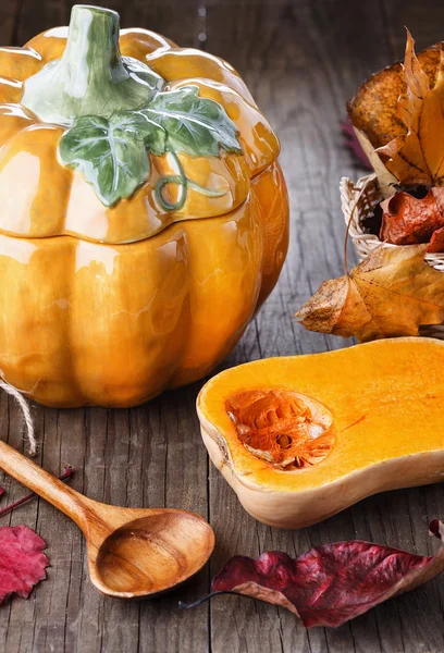 Autumn(fall) still life with pumpkin and pumpkin pot — Stock Photo, Image