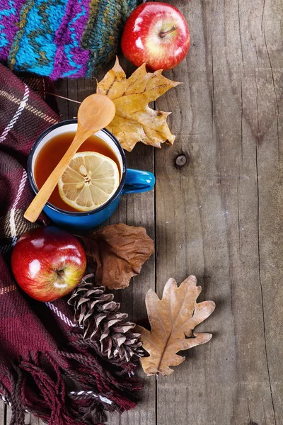 Roupas quentes e chá de limão sobre fundo de madeira rústica — Fotografia de Stock
