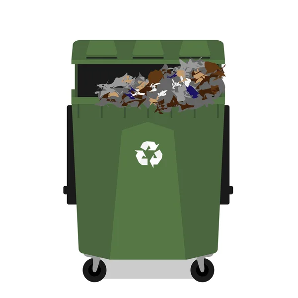 Cubo de basura con ruedas con símbolo de reciclaje lleno — Vector de stock