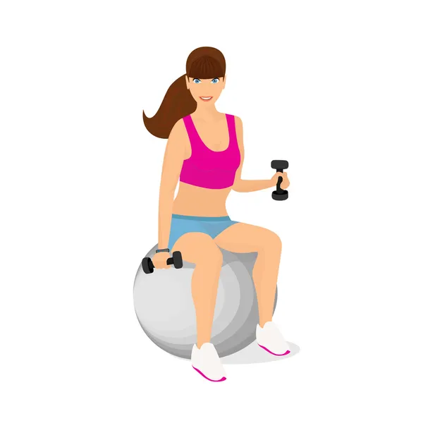 Gyönyörű nő ül a fitness labda - elkülönített két egykezes súlyokkal gyakorlása — Stock Vector