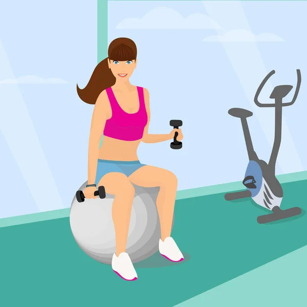 Beautiful woman exercising with two dumbbell weights sitting on the fitness ball — Stock Vector