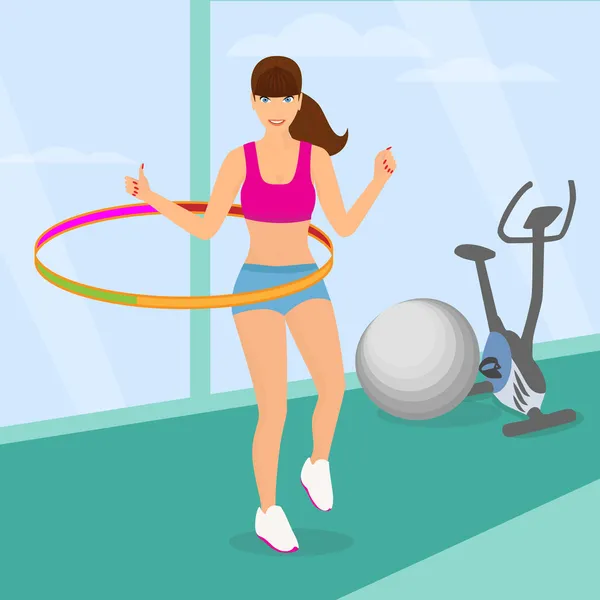 Hermosa mujer haciendo ejercicio con hula hoop en el gimnasio — Vector de stock