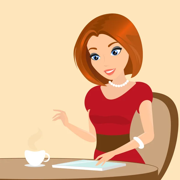 Young pretty woman sitting in the cafe and using a tablet pc. Close-up illustration — Stock Vector