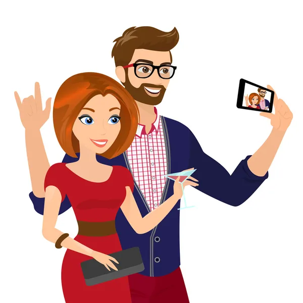 Selfie de bel homme et femme en robe rouge — Image vectorielle