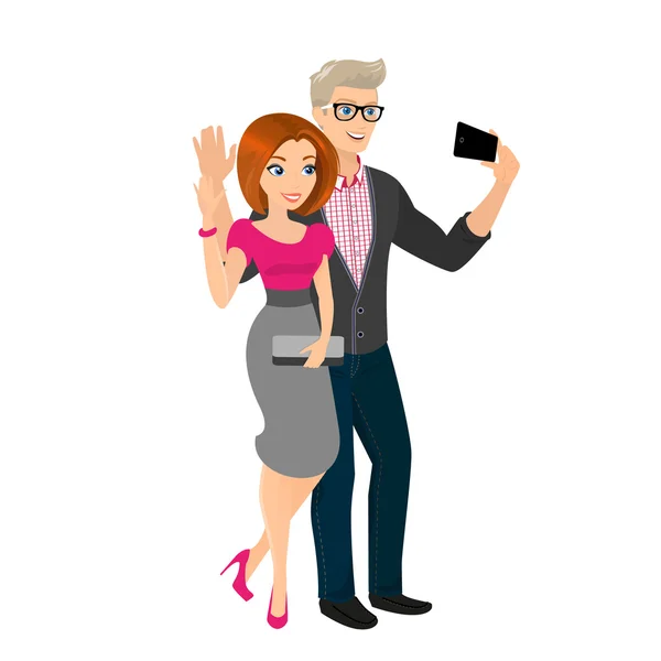 Happy couple is going out and taking a snapshot of themselves — Stock Vector