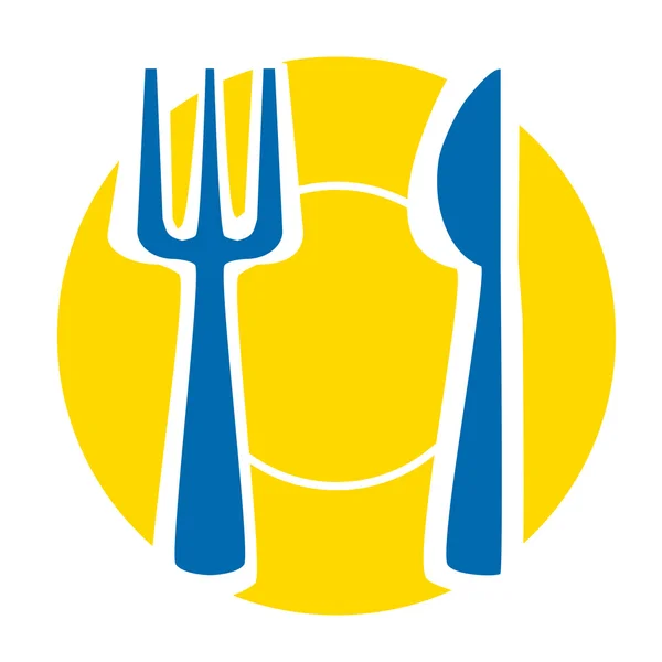 Желтая тарелка с голубой вилкой и ножом — стоковый вектор
