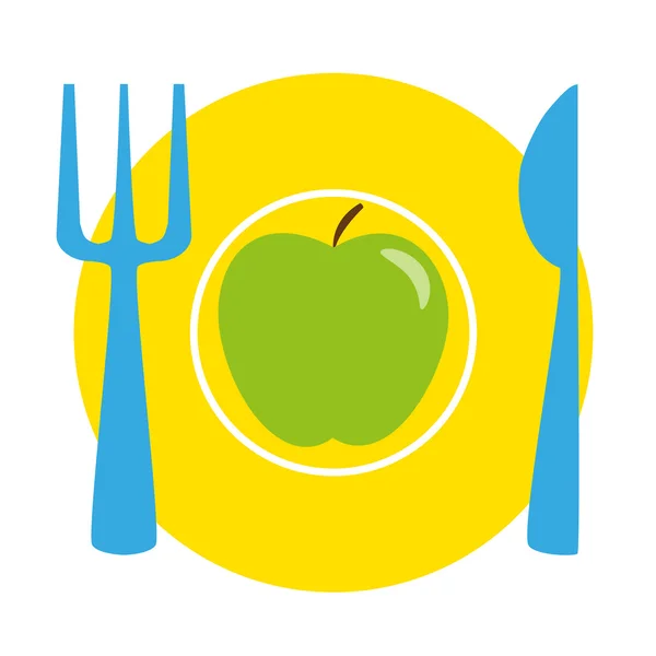 Зеленое яблоко на желтой тарелке с голубой вилкой и ножом — стоковый вектор