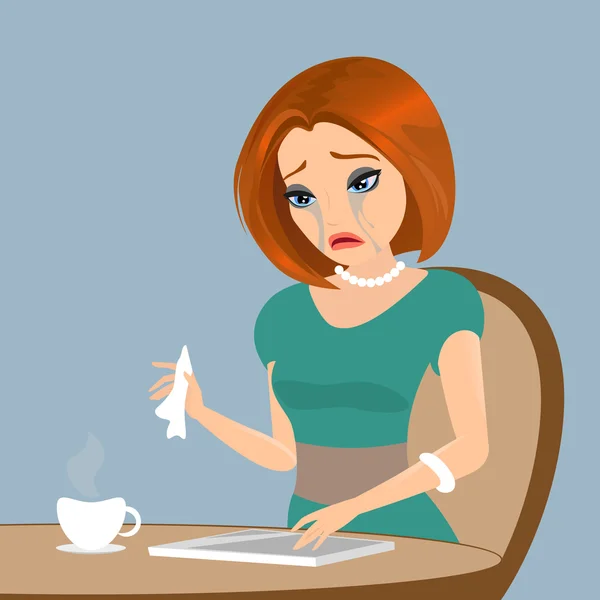 Giovane donna elegante piange nel caffè - primo piano illustrazione — Vettoriale Stock