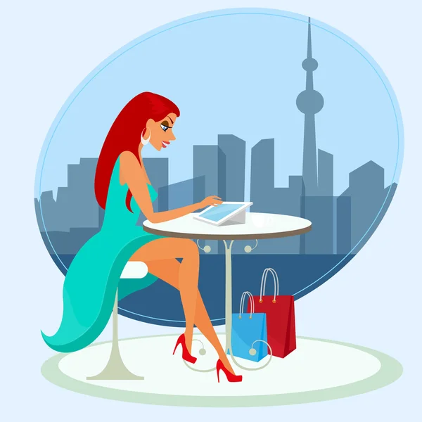 Jeune jolie femme assise seule dans le café et utilisant une tablette pc — Image vectorielle