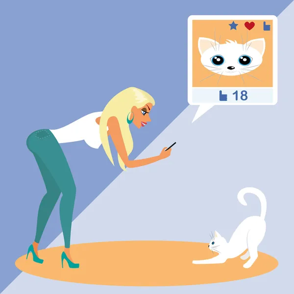 Mujer rubia está tomando una instantánea del gato para las redes sociales — Vector de stock