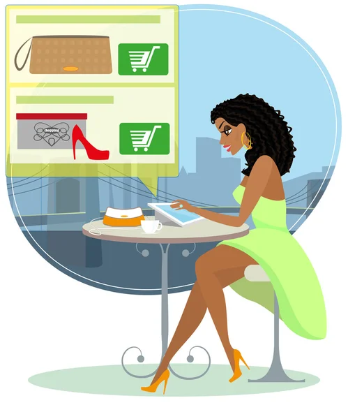 Pretty blackhair woman sitting alone in the cafe and doing shopping online — Stock Vector