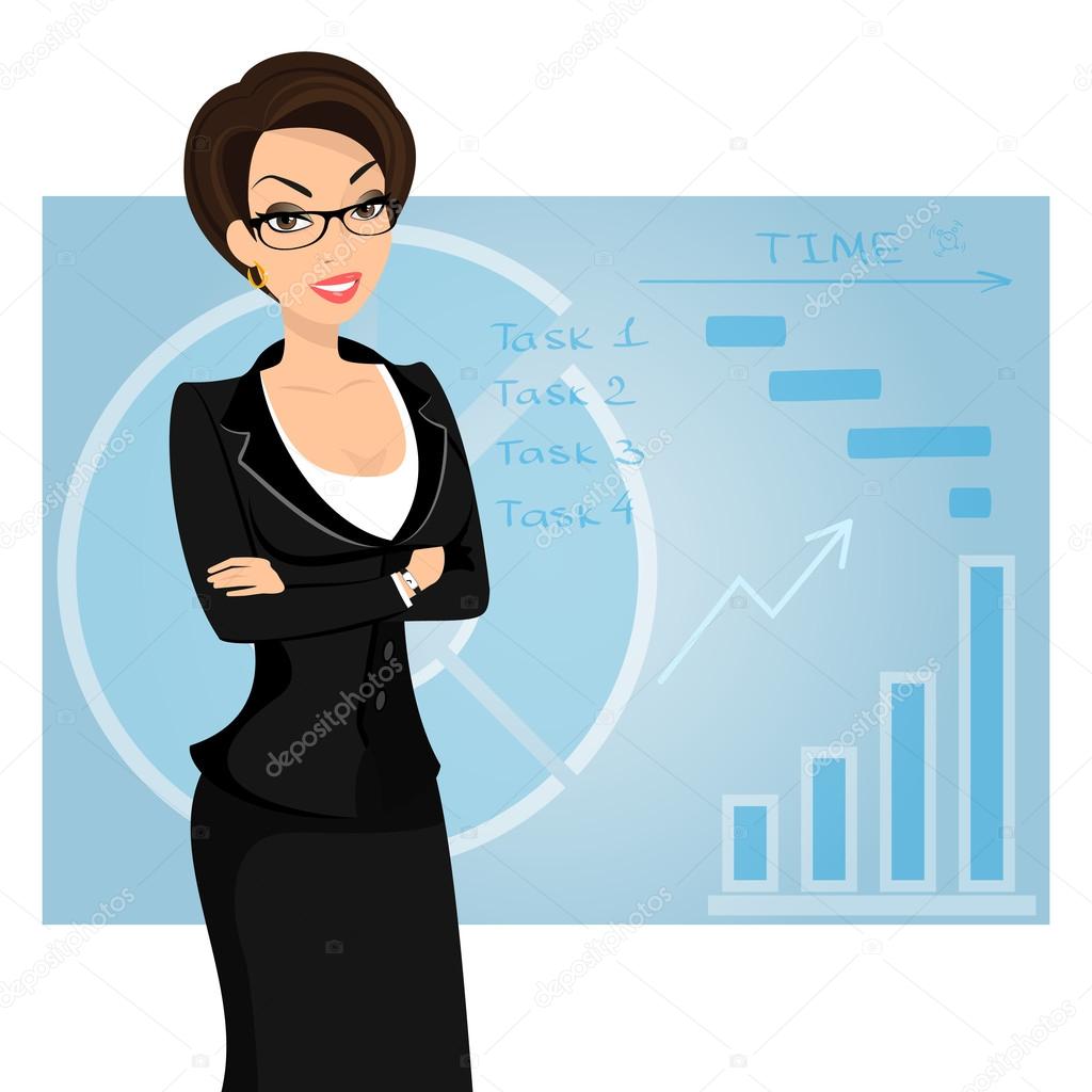 Business woman is wearing black suit on blue background