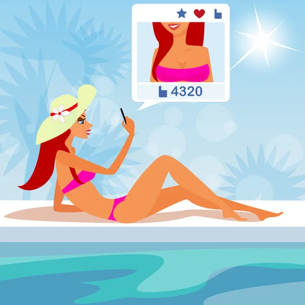 Pelirroja chica está tomando selfie en la playa — Vector de stock