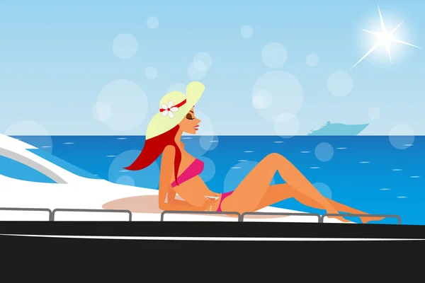 Redhair girl is sunbathing on the yacht — Stock Vector