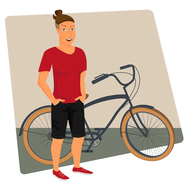 Hipster chico usando pequeña cola de caballo con bicicleta — Vector de stock