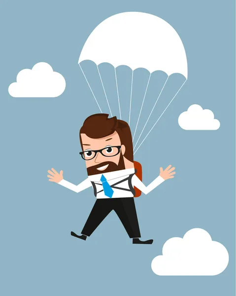 Lucky businessman is flying with parachute — Stock Vector