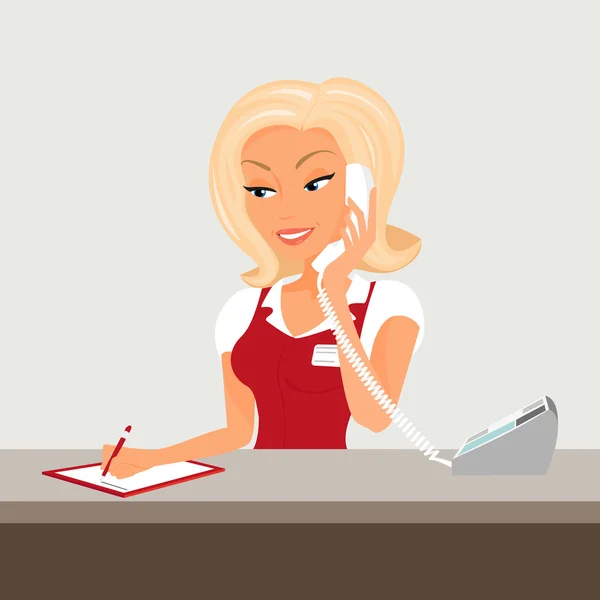 Female blond receptioonist is taking a call — Stock Vector