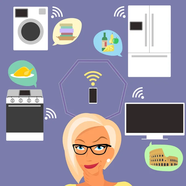Ξανθιά γυναίκα που σκεφτόμαστε έξυπνες συσκευές στο σπίτι και εφαρμογές γύρω της — Διανυσματικό Αρχείο