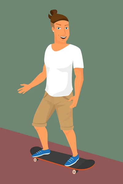 Hipster-Typ mit kleinem Pferdeschwanz auf Skateboard — Stockvektor