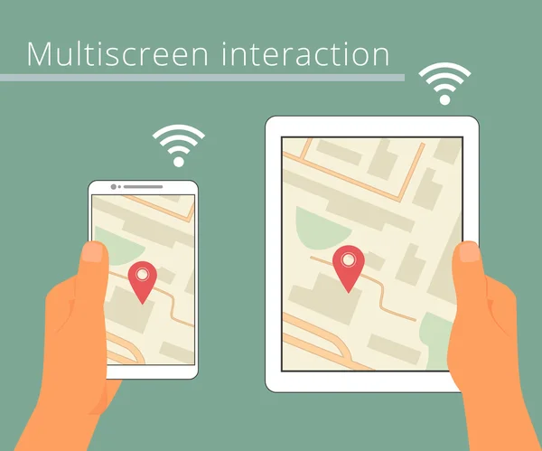 Interaction multi-écrans. Synchronisation de smartphone et tablette pc — Image vectorielle