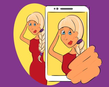 sarışın kız selfie alıyor. Mor zemin üzerine handdrawn vektör çizim