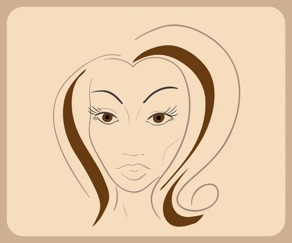 Cara de mujer dibujada a mano con ojos sensuales y cabello castaño. ilustración de primer plano - trayectorias delineadas — Vector de stock