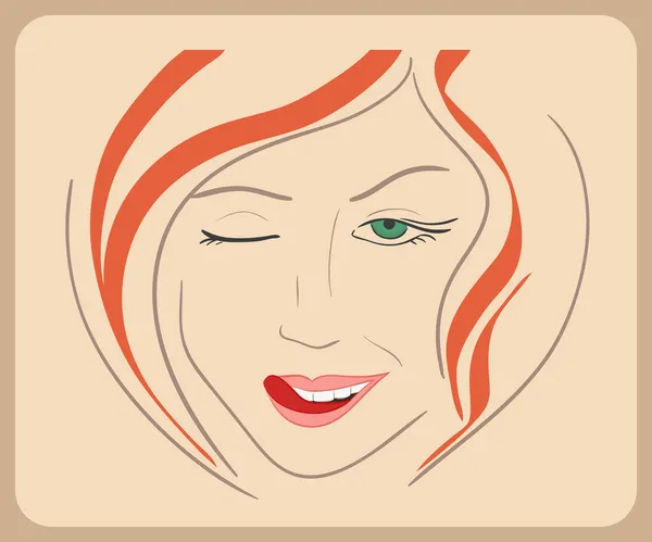 Handgetekende vrouw gezicht knipoogt met rood haar en groene ogen. Close-up illustratie - paden geschetst — Stockvector
