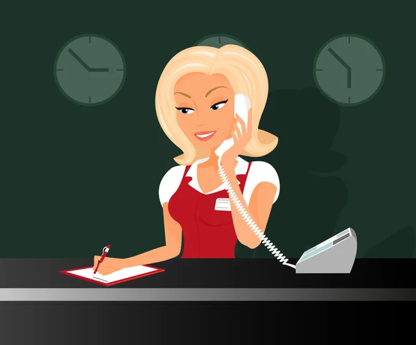 Female blond receptioonist is taking a call in the hotel — Stock Vector