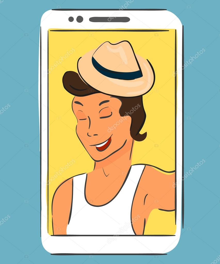 Selfie of guy wearing hat. Handdrawn vector illustration