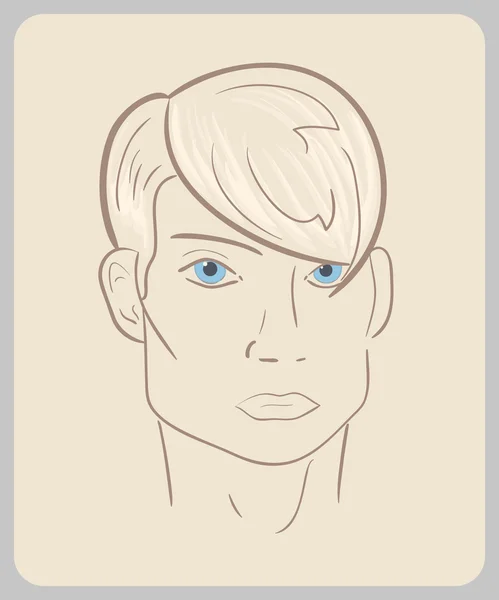 Cara de hombre dibujada a mano con ojos azules y cabello rubio. ilustración de primer plano - trayectorias delineadas — Vector de stock