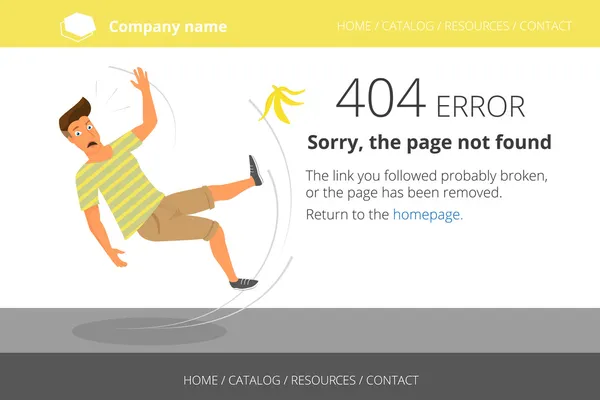 Un homme a glissé sur une banane. Page introuvable Erreur 404 — Image vectorielle