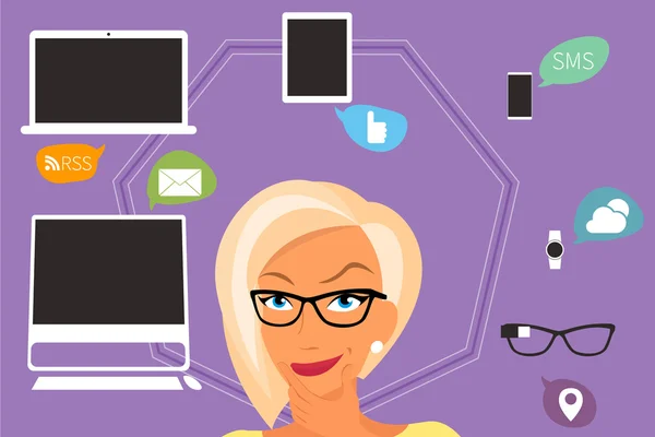 Femme blonde penser à gadgets et applications autour d'elle — Image vectorielle