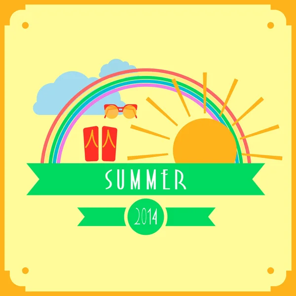 Cartão de verão amarelo com sol, arco-íris, óculos de sol de nuvens e sapatos —  Vetores de Stock