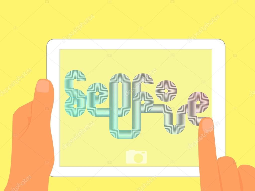 Graphic lettering of Selfie on tablet pc