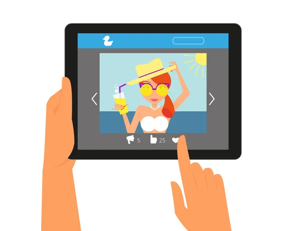 Tablet PC que muestra la página en las redes sociales con una foto de la mujer pelirroja — Vector de stock