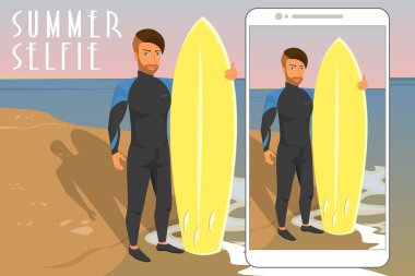 hipster sarı surfboard ile dalış takım elbise selfie