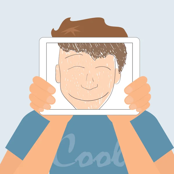 Guy memegang tablet pc menampilkan gambar tersenyum yang menyenangkan - Stok Vektor