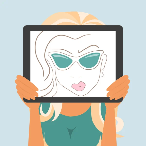 Mujer sostiene la tableta PC que muestra el dibujo de moda — Vector de stock