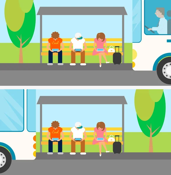 Άνθρωποι περιμένουν ένα λεωφορείο και χρήση μικροεφαρμογών αυτή τη στιγμή — Διανυσματικό Αρχείο