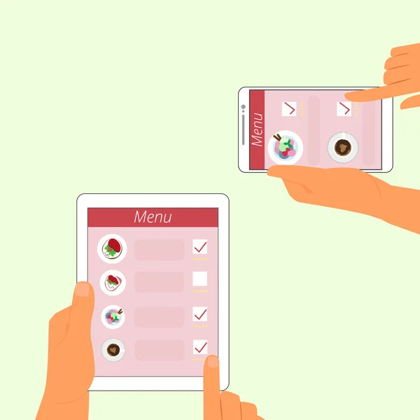 Мужчина и женщина заказывают еду с помощью гаджетов в ресторане — стоковый вектор