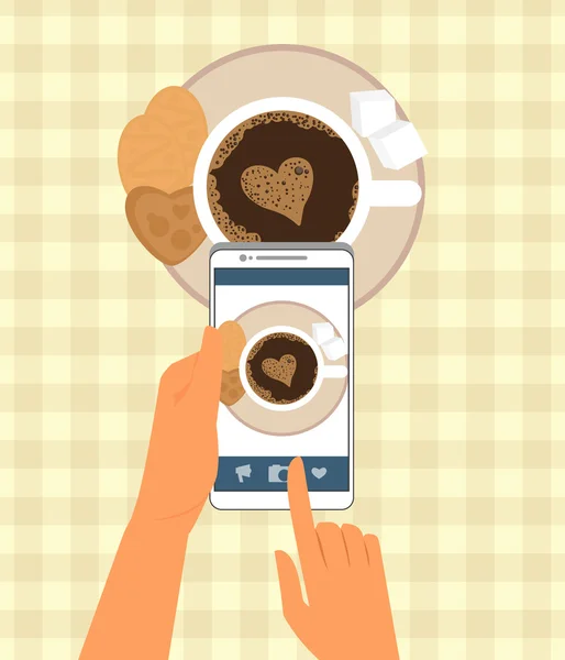 Humano está fotografiando su taza de café en el restaurante — Vector de stock