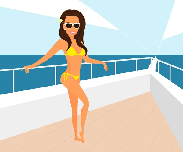 Brunette woman wearing yellow swimsuit is posing on the yacht — Stock Vector