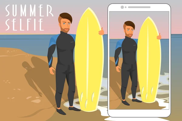 Selfie de hipster portant une combinaison de plongée avec planche de surf jaune — Image vectorielle