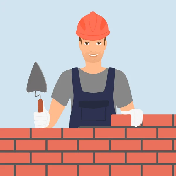 Construtor homem está construindo uma parede de tijolo —  Vetores de Stock